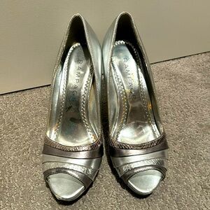 Silver open-toed 4 inch heels